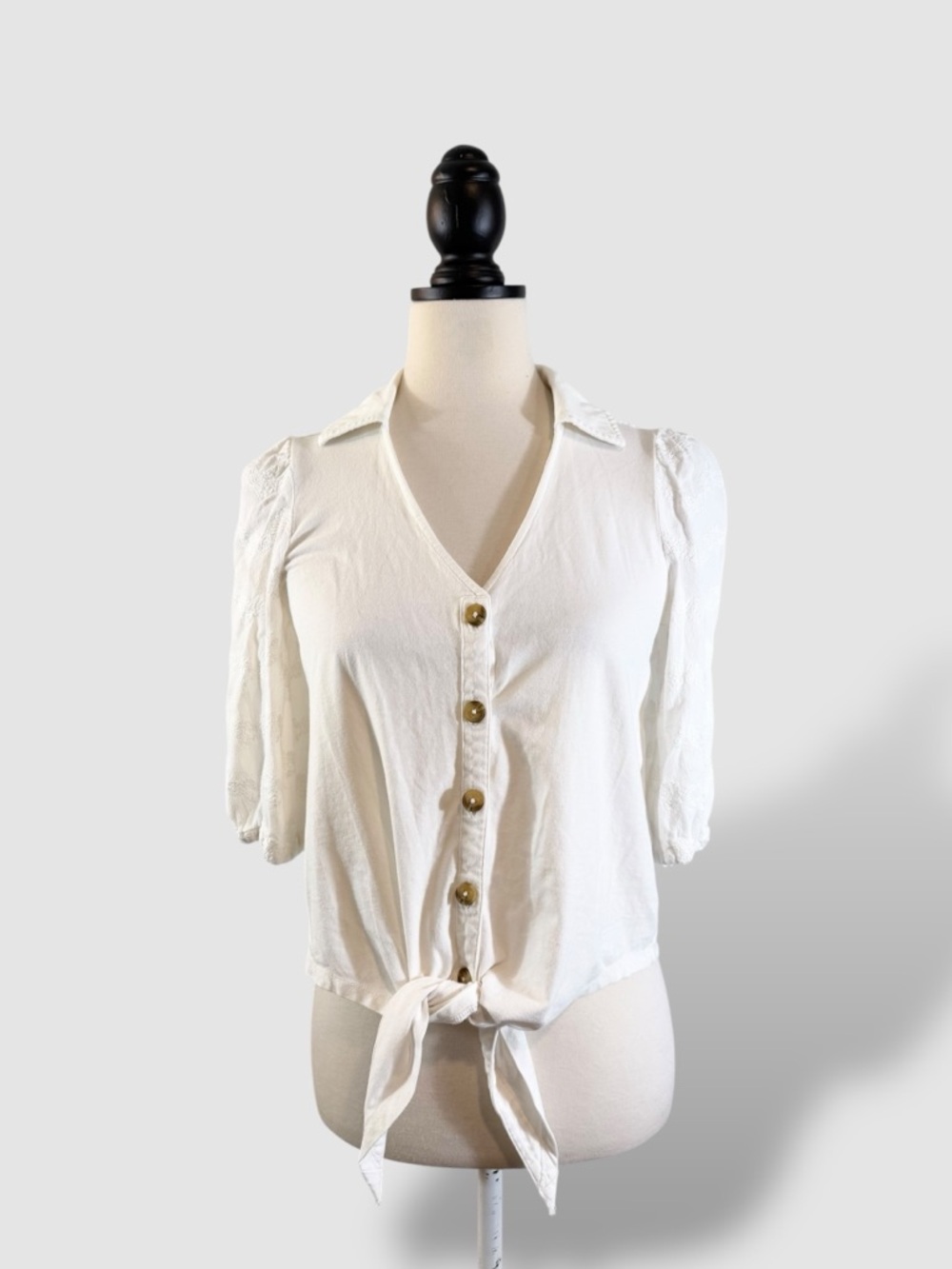 Anthropologie Vanessa Virginia White Knit Top XXSP Button Tie Front Puff Sleeve